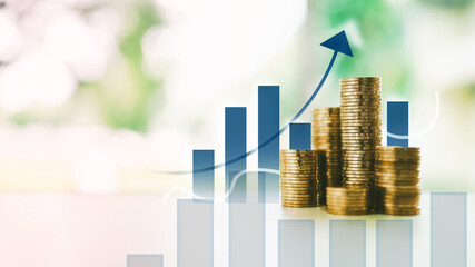 Coins stacked with an upward arrow and a bar chart going up and down show how money's worth changes...