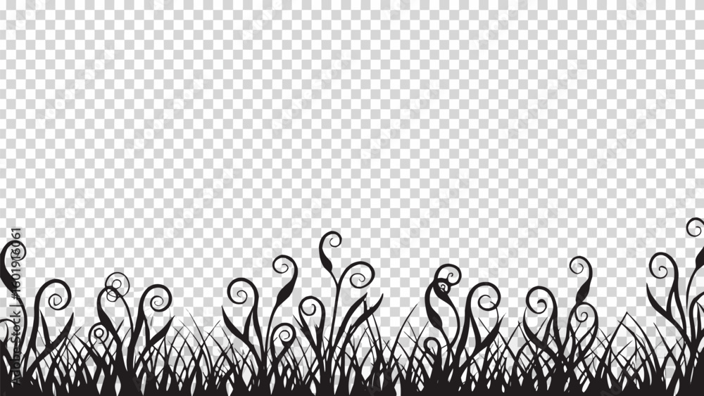 Poster vector silhouette of grass and curly plants creating a border against a transparent background desig
