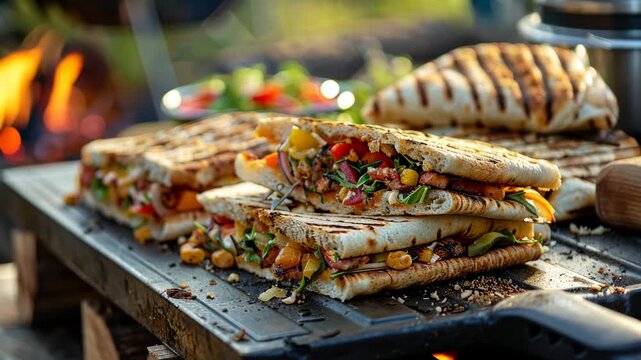selective focus colorful wraps and sandwiches arranged for a convenient outdoor meal