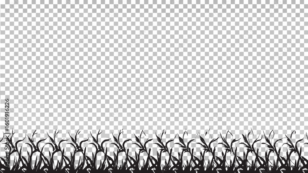 Poster vector silhouette of grass and weeds at the bottom of the image against a transparent checkered back
