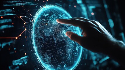 A hand interacting with a glowing digital globe interface with network connections shown clearly