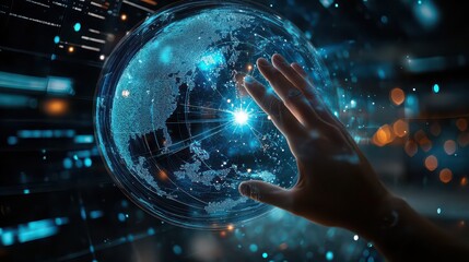 Hand interacting with digital globe showcasing global connectivity and technology interface