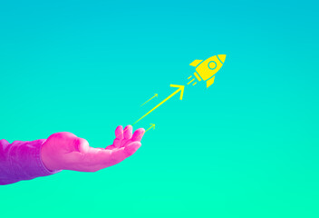 Entrepreneur begin new project, Rocket launching from businessman, Start-up, Creativity, Big idea,...