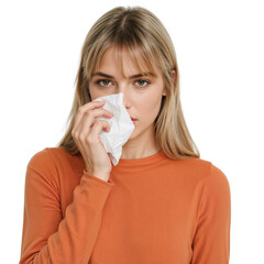 Unwell young woman in orange sweater wiping nose with tissue, feeling sick on isolated transparent background.