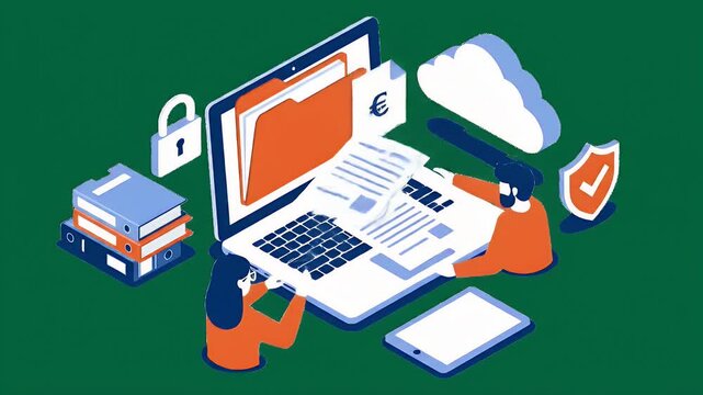 Isometric Data Cloud Security with Laptop and Tablet on Green Background