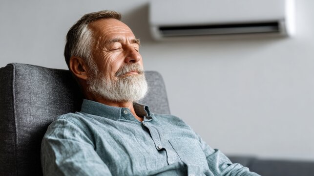 Elderly man enjoys a refreshing breeze from air conditioning in a peaceful modern space