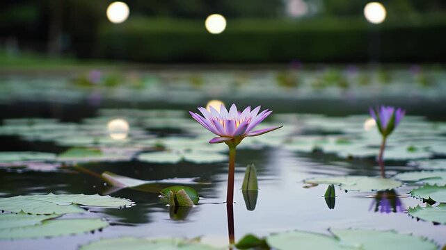 Lilac Lotus Blossom Floating On Dark Pond with Pad And Glowing Light Backdrop