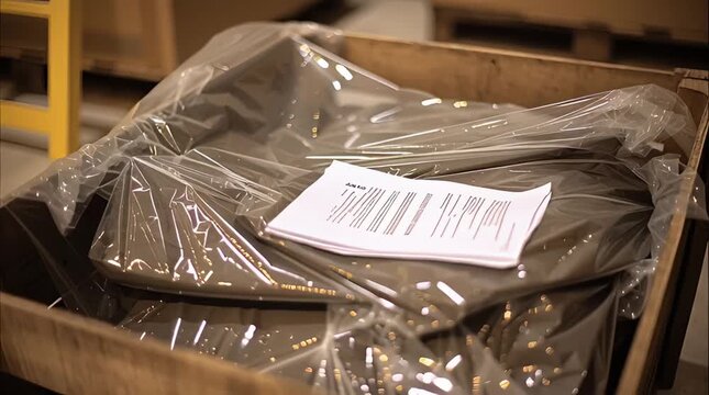 A wooden crate containing packaged goods covered with plastic wrap and topped with shipping documents in a warehouse setting.