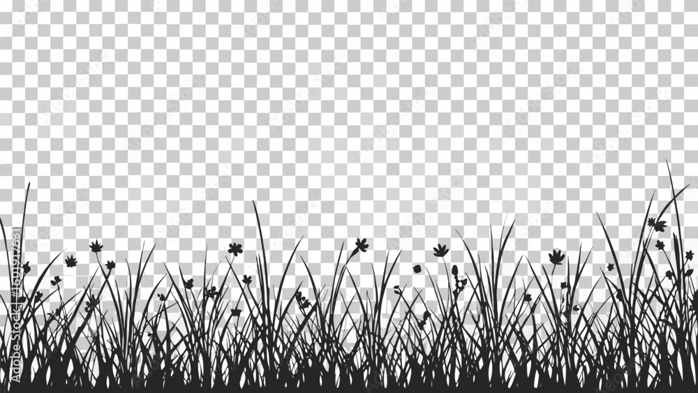 Aufkleber vector silhouette of grass and small flowers against a transparent background with a checkered patte