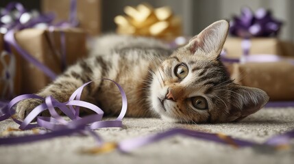 Playful kitten discover the joy of shiny ribbon amidst colorful gifts on a cozy floor