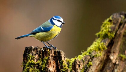 Eurasian blue tit perched on a mossy log