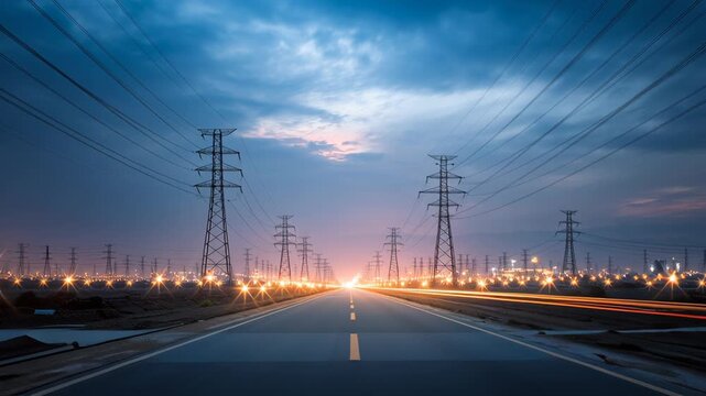 Serene Landscape of Power Lines at Twilight Illuminated Electricity Along Road, Creating Calm Atmosphere on Horizon in Evening