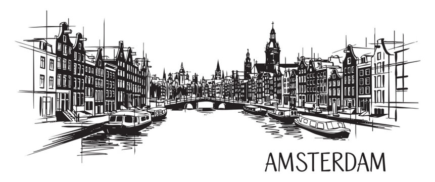 amsterdam Netherlands cityscape tall building engraving sketch vector illustration
