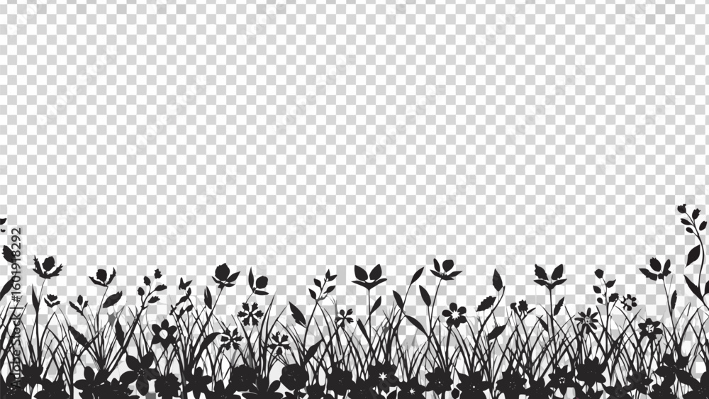 Poster vector silhouette of various flowers and grass forming a border at the bottom of the transparent ima