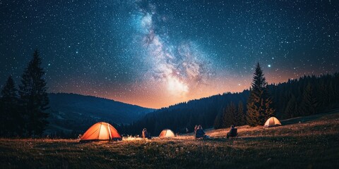 A vast open field under a dazzling night sky filled with countless stars, with a group of campers gazing in wonder