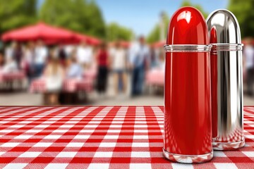 Red and silver salt and pepper shakers on a checkered tablecloth, outdoor setting