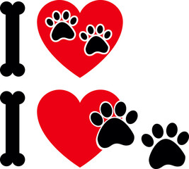 two “I love pets” designs. The “I” is formed with a black bone, the heart is red, and black paw prints replace the word "pets."