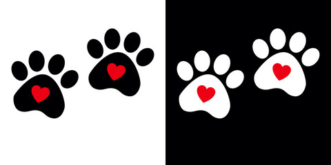 two black paw prints with red hearts insideand two white paw prints with red hearts inside 