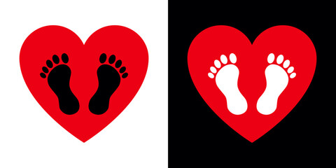 two red heart shapes, each containing a pair of baby footprints. 
