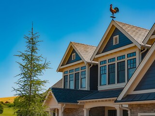 Blue multi story house with rooster weather vane home