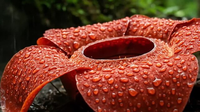 Giant red Rafflesia flower with water droplets in a lush green environment