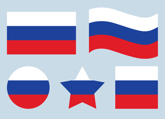 five variations of the Russian flag in different shapes