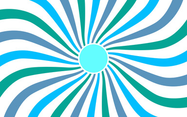 hypnotic radial burst pattern with alternating blue, teal, and white curved stripes emanating from a bright cyan center. 