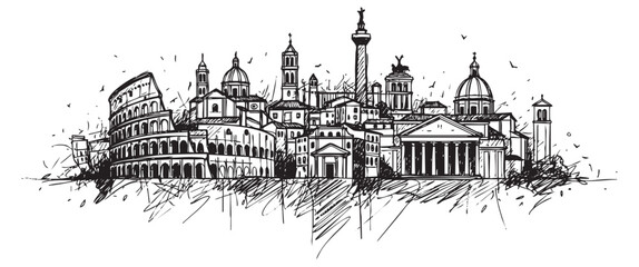 rome italy cityscape tall building engraving sketch vector illustration