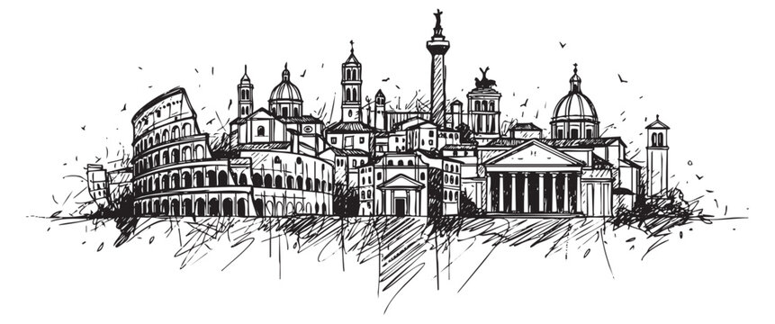 rome italy cityscape tall building engraving sketch vector illustration