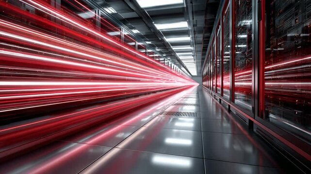 Digital data stream in server room: A dynamic shot depicts a server room, with lines of data streaks that symbolize the flow of information, illuminated in radiant red.