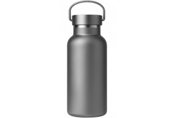 Sleek metallic reusable water bottle featuring ergonomic handle and clean transparent backdrop for graphic design mockups