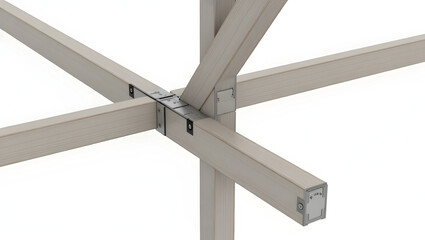Construction Detailed joint connection between horizontal and vertical beams in building frame, rendered against white isolate