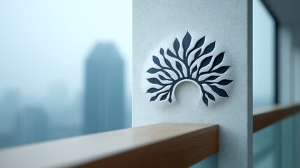 Textured pillar with a carved abstract sun or tree motif blurred city skyline in background