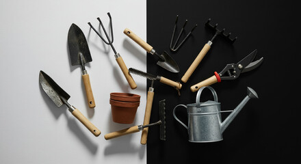 Gardening tools set against bi color background