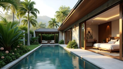Fototapeta premium home or house building Exterior and interior design showing tropical pool villa with green garden and bedroom