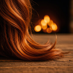 Red hair in front of a fireplace