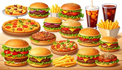 Naklejka premium Variety of fast food items displayed on a table