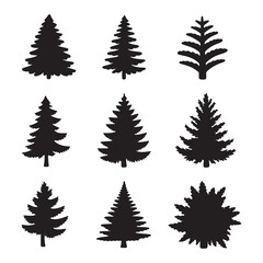 Obraz premium Vector art of collection of nine different evergreen tree silhouettes isolated on white background