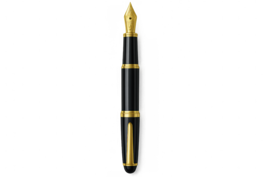 Classic fountain pen with gold nib and black body, isolated on transparent background, ideal for writing and calligraphy projects