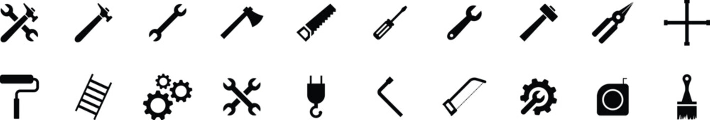 Vector Set of Hand Tools Icons for Maintenance, Construction, and Repair Services