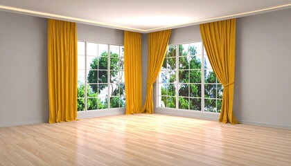 Obraz premium Empty room with large windows and yellow curtains