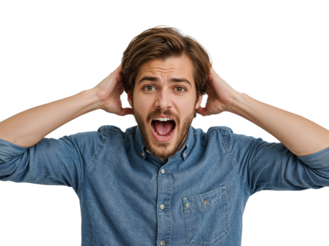 Isolated man expressing shock and disbelief holding his head with dramatic expression - Powered by Adobe
