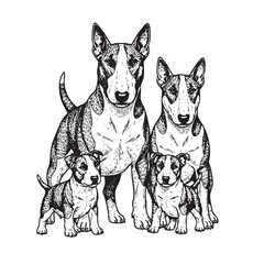 Charming vector illustration of a Bull Terrier family, featuring adult dogs and playful puppies in a detailed, hand-drawn style. Dogs, Pet.