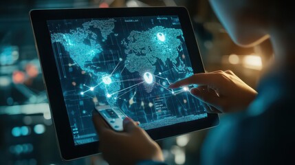 A person interacting with a digital world map displayed on a tablet device with a remote control