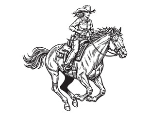 Dynamic vector illustration of a cowgirl confidently riding a horse at a gallop, in a classic Western style.
