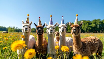 Five alpacas in party hats in a field of yellow flowers