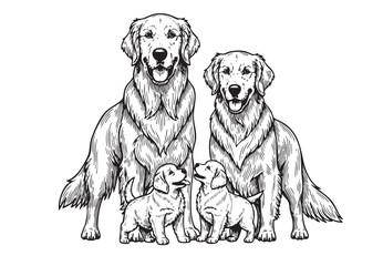 Heartwarming vector illustration of a Golden Retriever family, showcasing adults and their playful, happy puppies. Dogs, Pet.