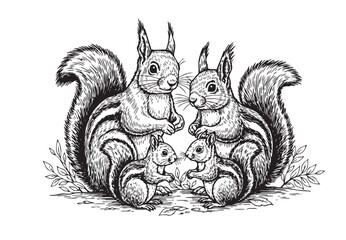 Delightful vector illustration of a squirrel family, featuring adults and cute, curious young surrounded by foliage. Wildlife Animals.