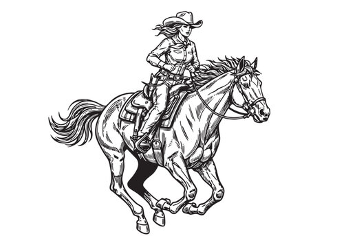 Dynamic vector illustration of a cowgirl confidently riding a horse at a gallop, in a classic Western style.