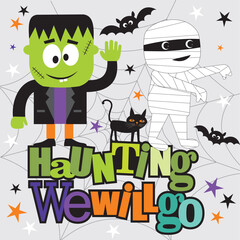 Halloween Monster Mash Frankenstein and Mummy with Black Cat and Bats